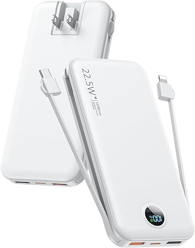 Cargador de teléfono portátil, cargador de batería de carga rápida de 12000 mAh 22.5 W con cables integrados y enchufe de pared, banco de batería