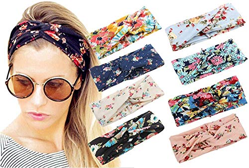 UU March Women Elastic Turban Head Wrap Headband ，Beach Headbands for Women, 8Pack Women's Boho Headbands for Women Girls Wide Bohemian Knotted Yoga Headband Head Wrap Hair Band Elastic Hair Band A
