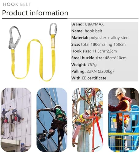 Foto von UBaymax 1,8 m Fallschutz Sicherheitsseil mit Karabiner, Absturzsicherung Kletterseil Bandschlinge Lagerkraft 2200KG, Outdoor Seil Klettergurt für Bergsteigen, Baumkletterer, Rettungsdienst, Gelb