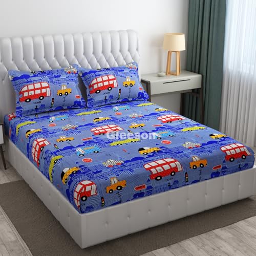 Image of Gleeson 320 Tc Elastic fitted Bedsheet for Queen Size Double Bed,Bus Theme Kids Room Bedsheet,Printed Bed Sheet for Boy|Girls Room,Queen Size Cotton Bedsheets with Pillow Cover (60 x 78 x 8 Inch) Blue