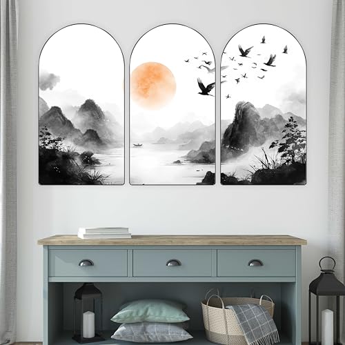 Image of Livin'luxe Black & White Mountain Landscape Wall Painting | Nature Triptych Art with Orange Sun & Birds | Set of 3 Panels Wall Decor for Living Room, Bedroom & Office