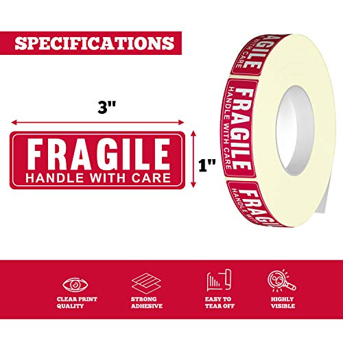 1” X 3” Fragile Handle With Care Warning Stickers, Fragile Tape For Packing And Shipping, Permanent Adhesive Labels 1000 Per Roll (1 Pack) #TOP2