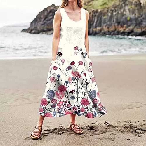 VEZAD Summer Dresses for Women 2023 Casual Solid Color Cotton Linen Pocket Dress Sleeveless Round Neck Beach Flowy Sundress - Image 4