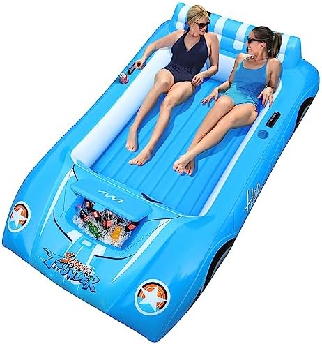 Alupssuc XL Inflatable Pool Floats Double Lounger Adult Size with Ice Bucket, 102" x 63" Extra Large and Thick Convertible Raft for Swimming Pool, Beach Tanning & Lake Floats with Headrest, Blue&White