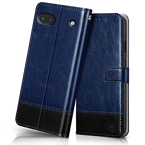 Image of FLIPPED Vegan Leather Flip Case Back Cover for Google Pixel 6A (Flexible, Shock Proof | Hand Stitched Leather Finish | Card Pockets Wallet & Stand | Blue with Black)