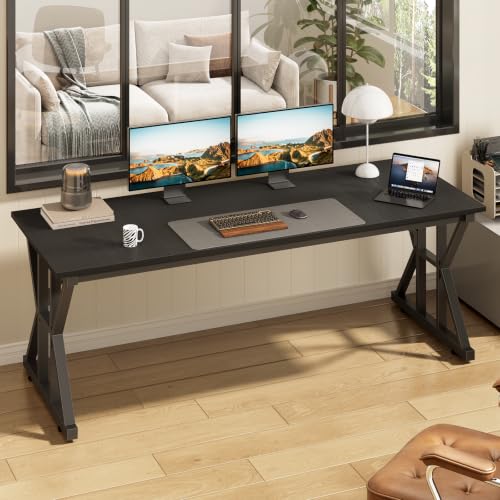 Image of 63 inch Large Computer Desk with Thickened Frame for Home Office, Living Room | Modern Simple Executive Desk, Larger Gaming Desk with X-Shaped ReInchforcement, Black