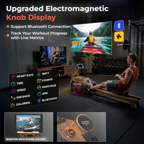 Image of Water Rowing Machine for Home Use, WENOKER Wooden Foldable Rower Machine with Dedicated Monitor & Bluetooth APP, Large Water Tank & Comfortable Seat for Immersive Water Rower, 350LBS Weight Capacity