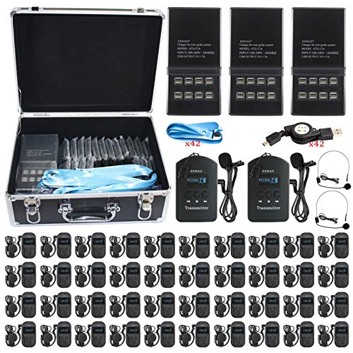 EXMAX EXD-101 Sistema de Transmisión de Voz Inalámbrico 2.4GHz con 2 Transmisores, 40 Receptores, Multi-Cargadores y Estuche Negro miniatura 1