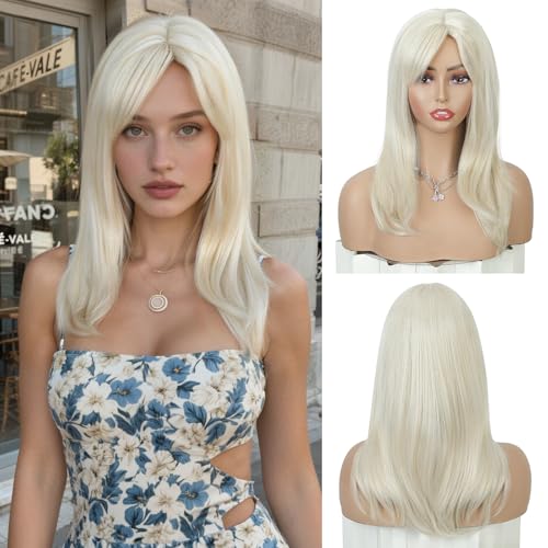 Creamily Long Layered Blonde Wigs for Women Synthetic Hair Wig with Bangs Natural Wavy Heat Resistant Wigs for Daily Party Cosplay Halloween Use