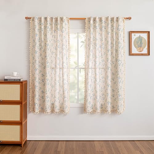 Image of MYSKY HOME Blue Floral Semi Sheer Boho Linen Curtains 63 Inch Length 2 Panels for Living Room Bedroom Light Filtering Spring Vintage Farmhouse French Tassels Back Tab Drapes, 50 inch Wide, 2 Panels