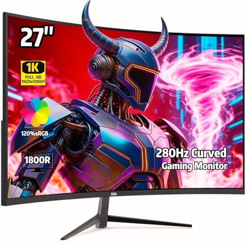 Image of ZZA 27 Inch Curved 280Hz Gaming Monitor, 1800R Curved Computer Gaming Monitor FHD 1080P, 4000:1, 120% sRGB, 1Ms GTG|FreeSync|HDR|Low Blue Light|HDMI DP| VESA Support 100x100mm(No Speakers)