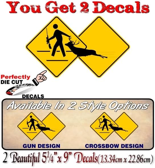 2 Hunter Dragging Killed Deer (Gun) Yellow Diamond Crossing 9" Decals Buck Xing Zone Sign Parody Novelty Truck Vinyl Stickers (2 Decal Set - Deer(Gun)) image 3