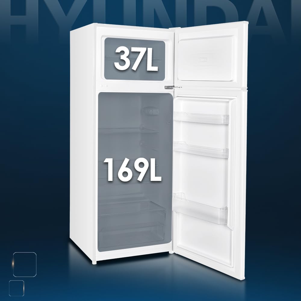 Hyundai Frigorífico Estandar Blanco, 2 Puertas HFG14355E01, Capacidad 206 Litros, Cíclica, Bajo Nivel Sonoro, Puerta Reversible, Clasificación Energética E
