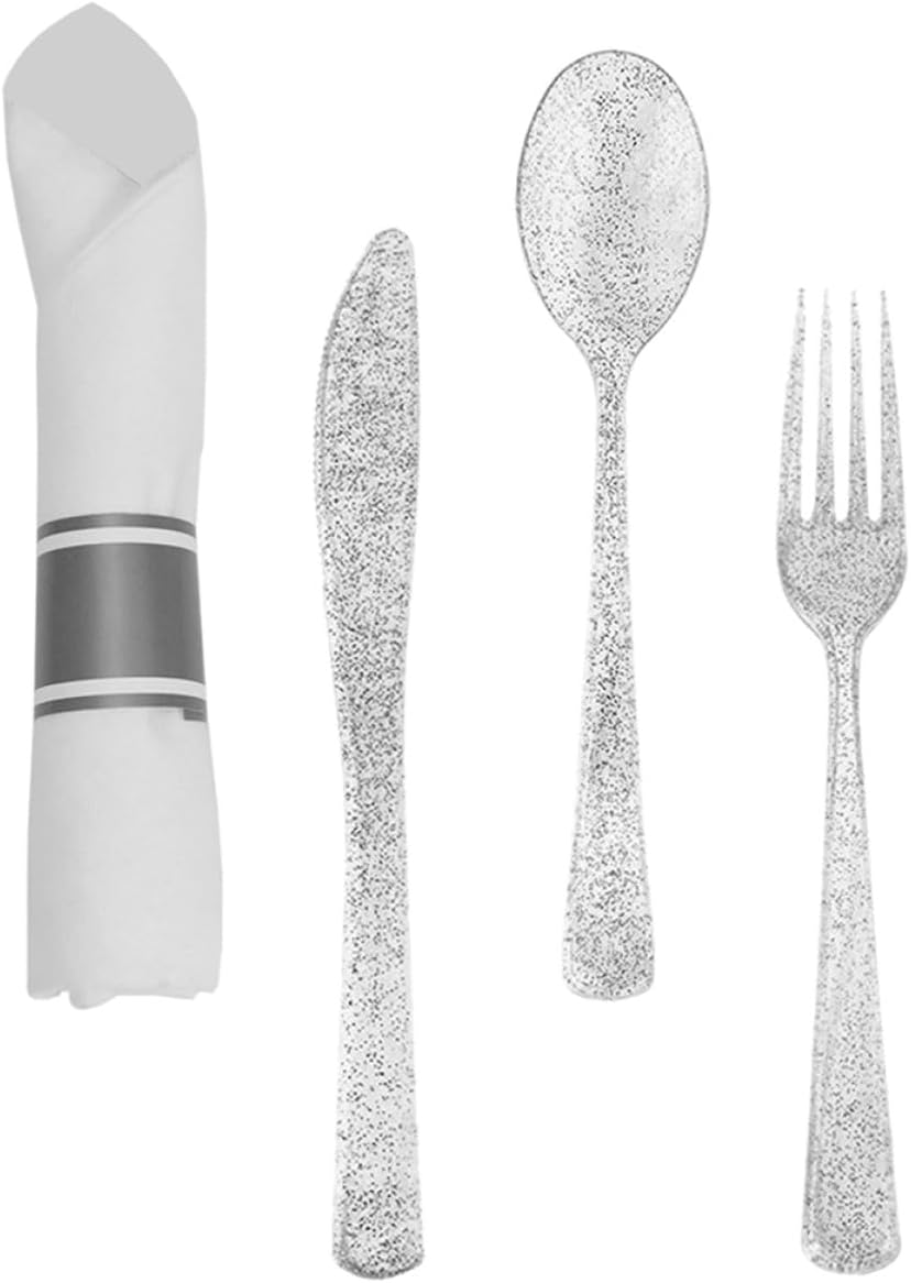 Disposable Silver Cutlery Set with Fork, Spoon, Napkin – Plastic Western Tableware Kit for Party, Wedding, and Household Use