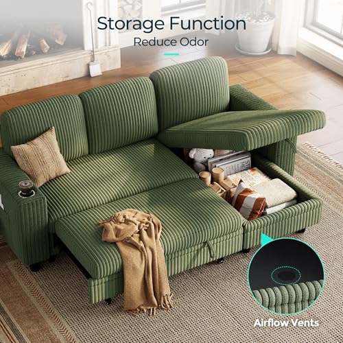 Image of LINSY HOME Sectional Couch with Pull Out Bed, 81 inch 3 Seat Sleeper Sofa Green | Modular couches for small spaces, storage chaise lounge, cup holders, charging station, side pocket, living room, apartment