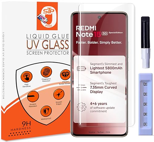 Image of STP FEEL Premium UV Tempered Glass Screen Protector Guard Compatible For Xiaomi Redmi Note 15 Special Edition /Note 15 SE 5G (6.77 Inch, Pack of 1) Full Adhesive UV Curved Case Friendly HD Clarity
