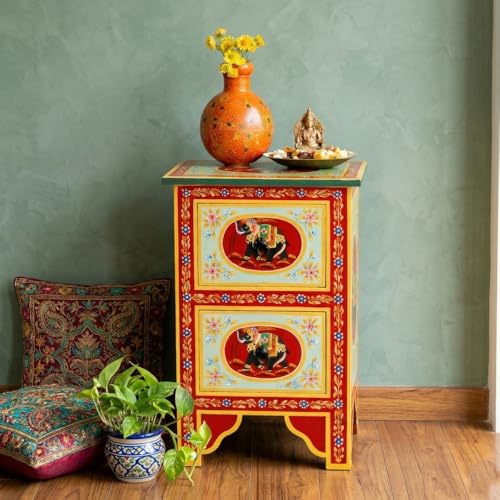 Image of Wooden Bedside Table for Bedroom with Drawer | Solid Wood Handcrafted Bed Side Table with 2 Drawers | Side Table for Living Room | Decorative Chest of Drawer for Home Decor (Multicolour-BS3)