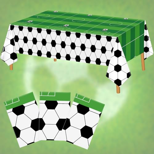 Image of Hxezoc 3 Pack Disposable Soccer Plastic Tablecloths, 54 x 108 Inches Soccer Waterproof Table Cover for Sports Birthday Party Baby Shower Decorations Outdoor Indoor Party Supplies
