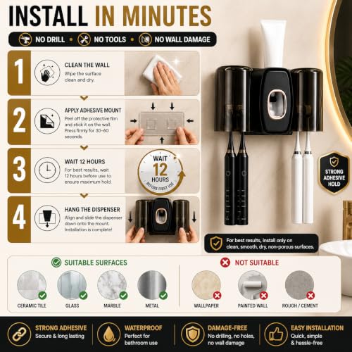 Image of TENOM Tooth Brush Holder Bathroom with Toothpaste Dispenser, Self Adhesive Toothbrush Holders for Bathroom Wall, Dustproof, BPA Free Wall Mounted Bathroom Organizer (Black, 2 Cup)