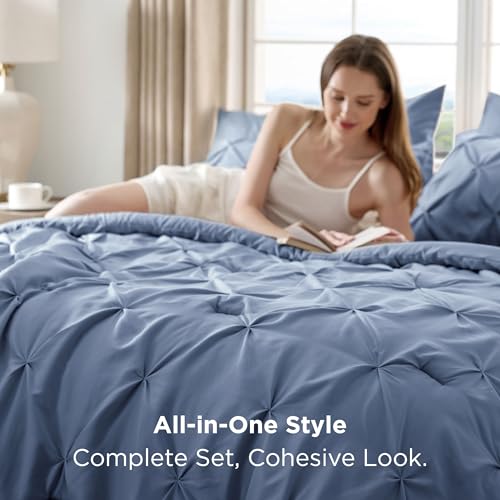 Image of Bedsure Full Comforter Set Slate Blue - Bed in a Bag Full Size Bedding Set 7 Pieces, GentleSoft Pintuck Bed Set Gift for Family, All Season Down Alternative Comforter with Sheets, Pillowcases & Shams