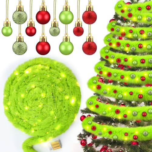 Willbond 26.3 ft Christmas Tree Faux Fur Ribbon Trim Lime Green LED Lighted Christmas Tree Garland with 40 Mini Christmas Balls Ornaments Green Furry Garland with Lights for Xmas Indoor Outdoor Decor by WILLBOND - Used condition - US$6.82