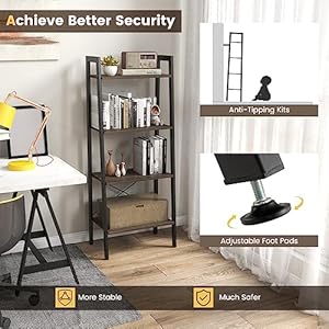 Giantex Ladder Shelf 4 Tier Industrial Bookshelf Storage Rack Shelves for Home and Office Use Wooden Display Rack with Metal Frame Gray