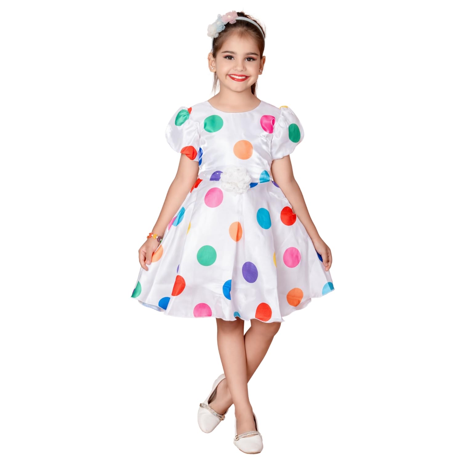 Night Country Girls Polka Dot Party & Festival Wear Dress, White with Red Spots, Puff Sleeves, Satin Bow Belt (Available in 2 Colors)
