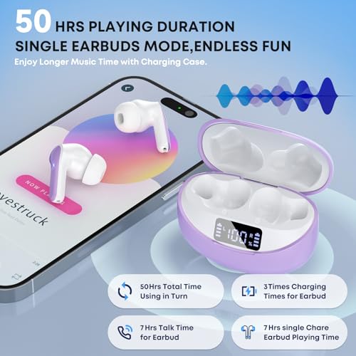 Image of Wireless Earbuds, Bluetooth 5.3 Headphones HiFi Stereo 50H Playback LED Digital Display Ear Buds with ENC Noise Canceling Headset, IPX7 Waterproof Earphones for Gym /Running /Work(Light Purple)