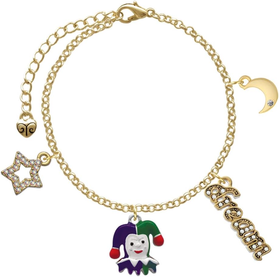 Delight Jewelry Silvertone Mardi Gras Jester - Goldtone Dream Big Charm Bracelet, 7.5+2" Extender