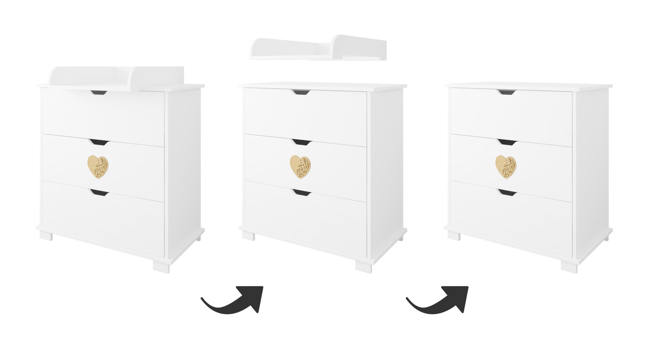 zee Heart Set Habitación Bebé Blanco 2 en 1, Cuna 120x60 cm con Cajón Convertible en Cama Infantil, Cómoda Cambiador con Cambiador, Diseño Escandinavo, Corazón Natural