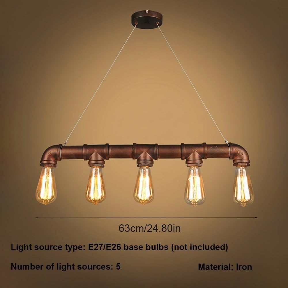 5 Light Industrial Chandelier, Vintage Water Pipe Pendant Lights Kitchen Island Mid Century Iron Pipework Hanging Lamps for Dining Room Bar