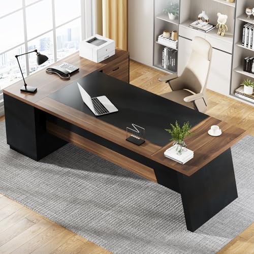 Image of Tribesigns 78 inch L-Shaped Executive Desk, Extra Large Modern Office Desk with Drawers and File Cabinet, Business Furniture with Storage Shelves, Big Computer Desk for Home Office (Light Walnut + Black)