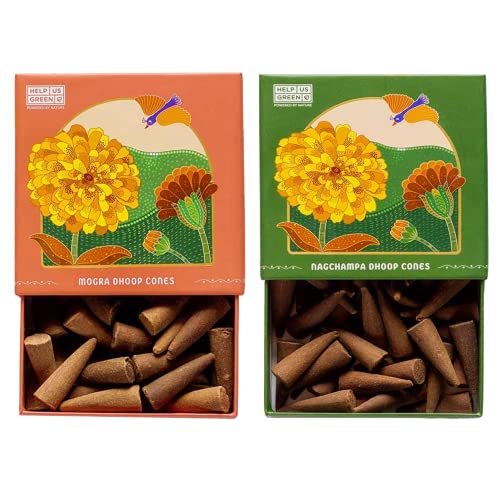 Image of Natural Incense Fragrance Mogra and Nagchampa Dhoop Cones with Holder (80 pcs) | Havan for Pooja, Home & Festivals I Natural Guggal /Loban Original |Pack of 2 (40 Cones /Pack)