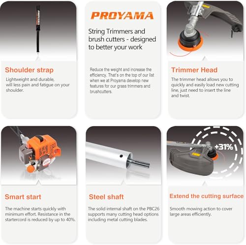 PROYAMA 25.4CC Gas Weed Wacker Eater, 2-Cycle Powerful Brush Cutter, String Trimmer with Easy Spool Trimmer Head, 17in Cutting Path with 40T Alloy Blade & Shoulder Straps for Yard Garden Care