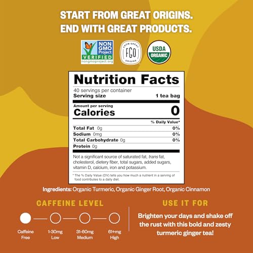 Image of FGO Organic Turmeric Ginger Herbal Tea, 40 Count, Eco-Conscious Tea Bags, Caffeine Free (Pack of 1)