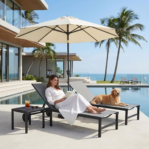 PURPLE LEAF Outdoor Chaise Lounge Chairs Set Recliner Aluminum Adjustable Chair with Wheels and Table for Poolside Beach Patio Reclining Sunbathing Lounger, Grey