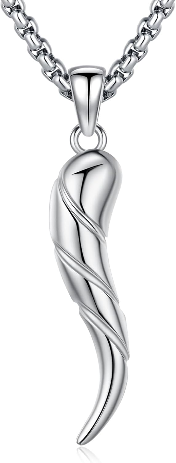925 Sterling Silver Italian Horn Necklace Good Luck Cornicello Pendant with 22"+2" Stainless Steel Chain