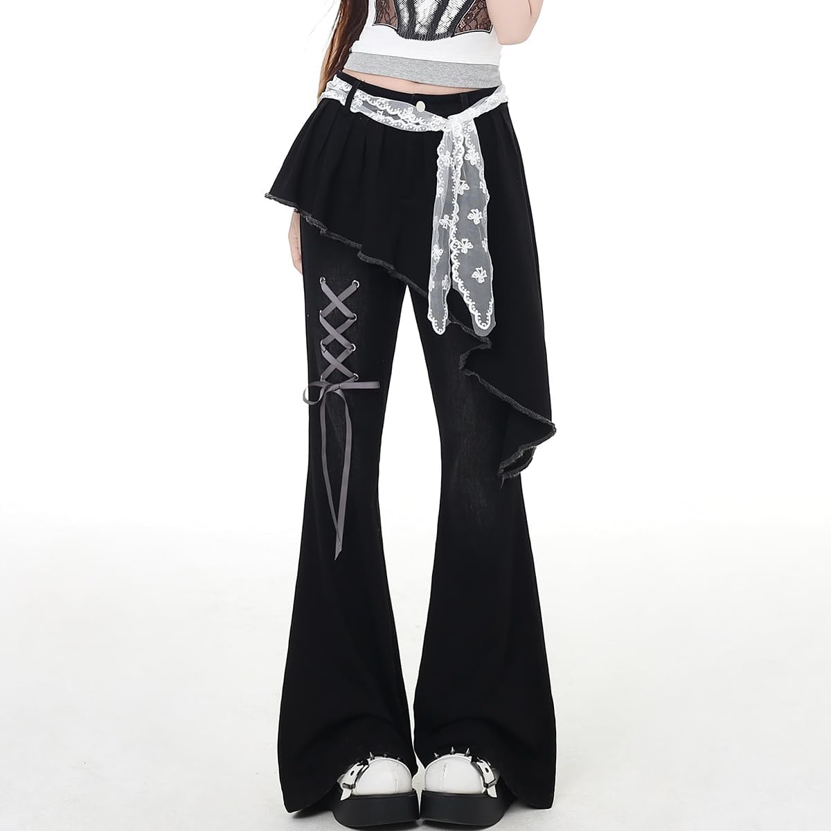 Fashion Gothic Women's High Waisted Bell Bottom Jeans Y2K Casual Cute Lace Drawstring Fake Two Pieces Pants - Image 8