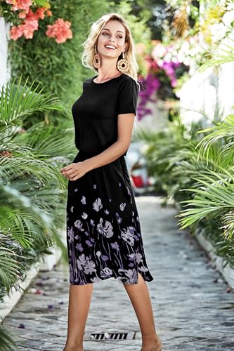 Image of Simier Fariry Women Spring Summer Short Sleeve Midi Casual Funeral Dress Floral Black S
