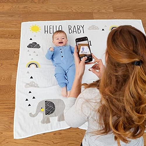 Image of Pondering Pine Organic Baby Monthly Milestone Blanket for Boy or Girl with Month Marker - Elephant Milestones Blanket, 1-12 Months, Gender Neutral, 47 inch X 47 inch