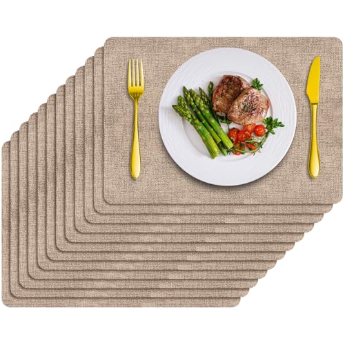 Placemats Set of 12 Washable, Heat Resistant Table Placemats Wipeable Faux Leather Place Mats Non Slip, Waterproof Square Table Mats for Indoor Outdoor, Apricot