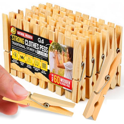 G4GADGET Wooden Clothes Pegs 60 Pack – Strong Laundry Pegs