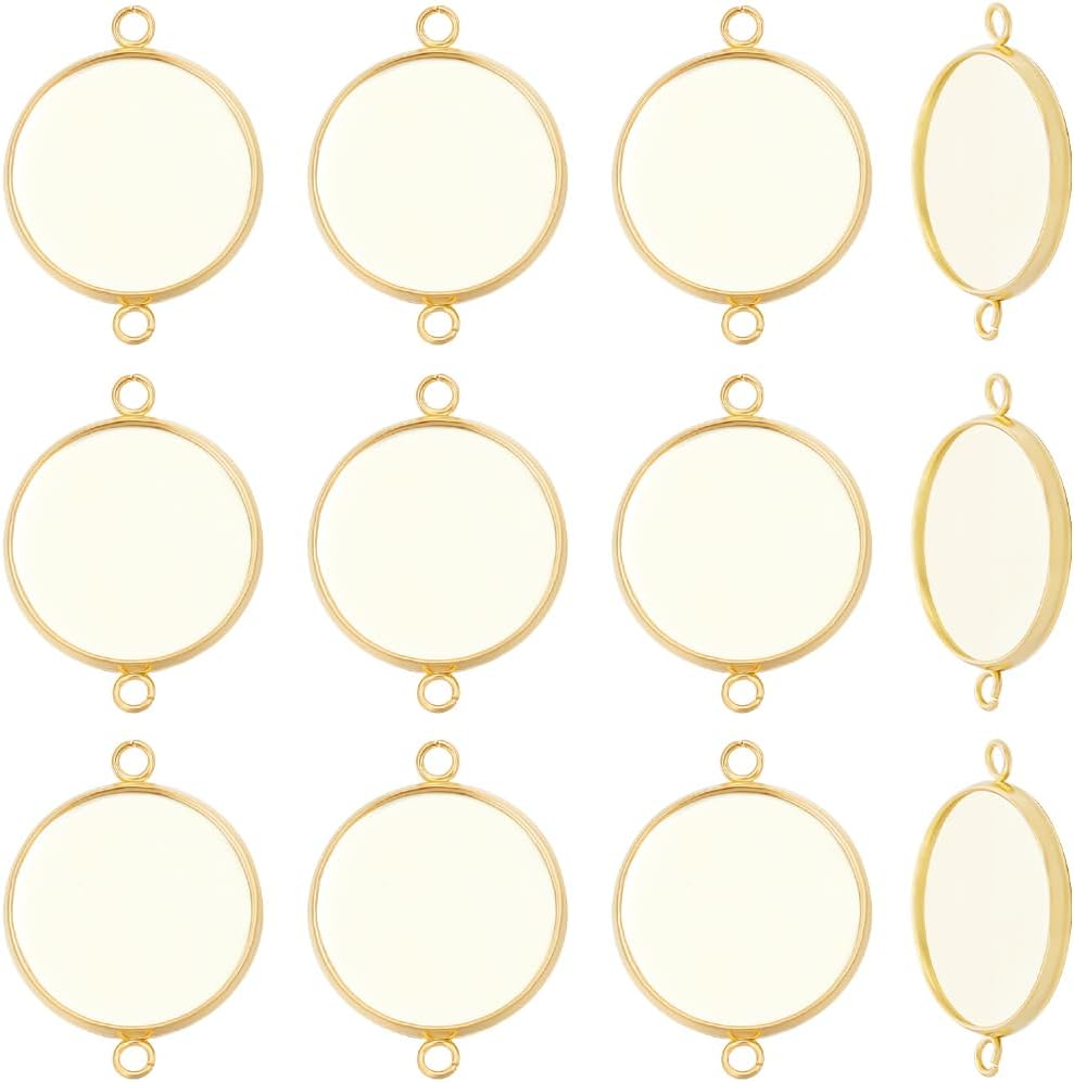 Beebeecraft 1 Box 30Pcs Bezel Connector Charms 18K Gold Plated Stainless Steel 16mm Bezel Pendant Trays for DIY Jewelry Making