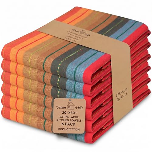 Urban Villa Kitchen Towels 100% Cotton Dish Towels for Kitchen (Set of 6) 20"x30" Highly Absorbent Kitchen Linen Set with Hanging Loop Dish Cloths Perfect for Drying Dishes Cleaning Towels - Red Multi