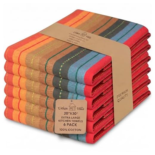 Urban Villa Kitchen Towels Cuisine Stripes Premium Quality 100% Cotton Dish Towels Mitered Corners Ultra Soft (Size: 20X30 Inch) Red Multi Highly Absorbent Bar Towels & Tea Towels - (Set of 6)