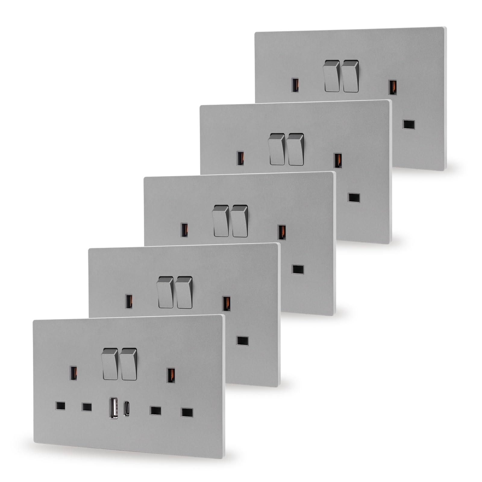 Double Switched Power Socket 5 Pack Grey 13 Amp with USB-A And Type-C Charging Ports PC Panel Wall Outlet Power Socket