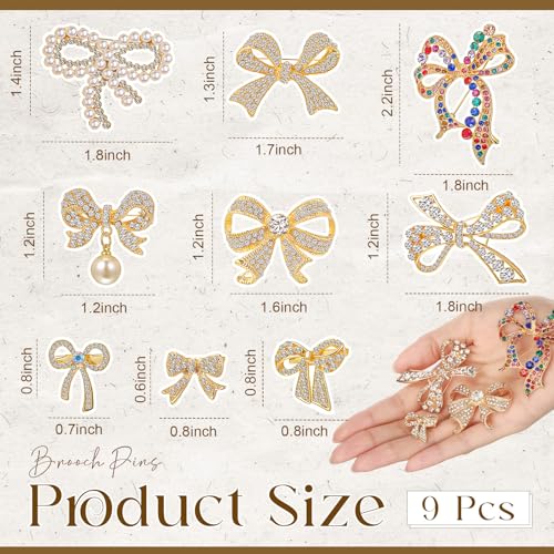 Image of Landical 9 Pcs Delicate Crystal Bow Brooch Pin for Women, Glitter Pins Dress Suit Shirt Ceremony Clothes Jewelry Accessories