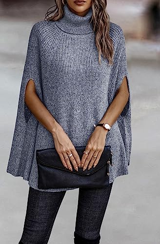 KIRUNDO Women's 2026 Fall Winter Turtleneck Poncho Sweater Fashion Chunky Knit Cape Wrap Sweaters Pullover Jumper Tops(Grey Blue, Medium) — view 6