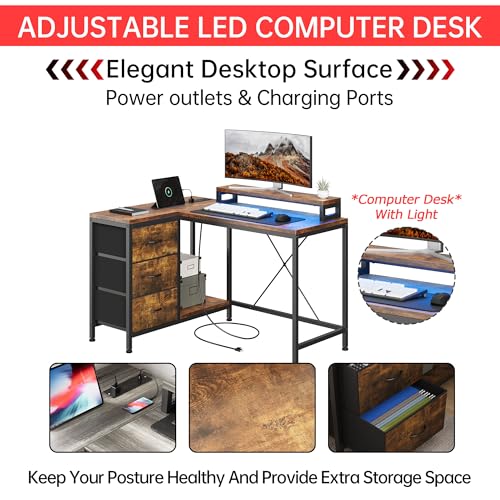 Image of Hetoy L-Shaped Computer Desk with Charging Station - Corner Gaming Desk with LED Lights, Drawers & Storage Shelves for Home Office Use, Rustic Brown