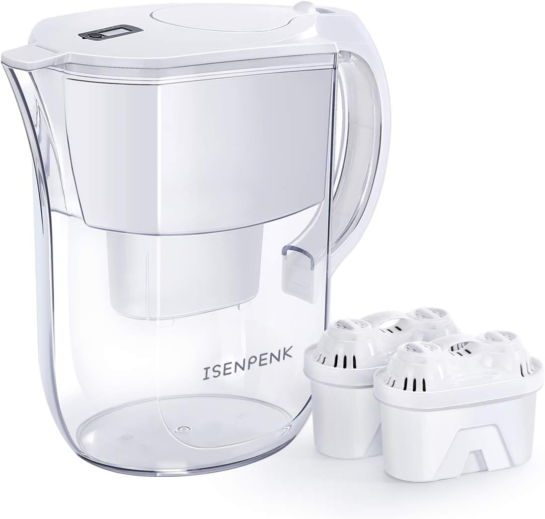 ISENPENK Water Filter Jug with 2 Filter Cartridges, LCD Display for Filter Replacement, Indication Home and Camping Filtration 3.8L White
